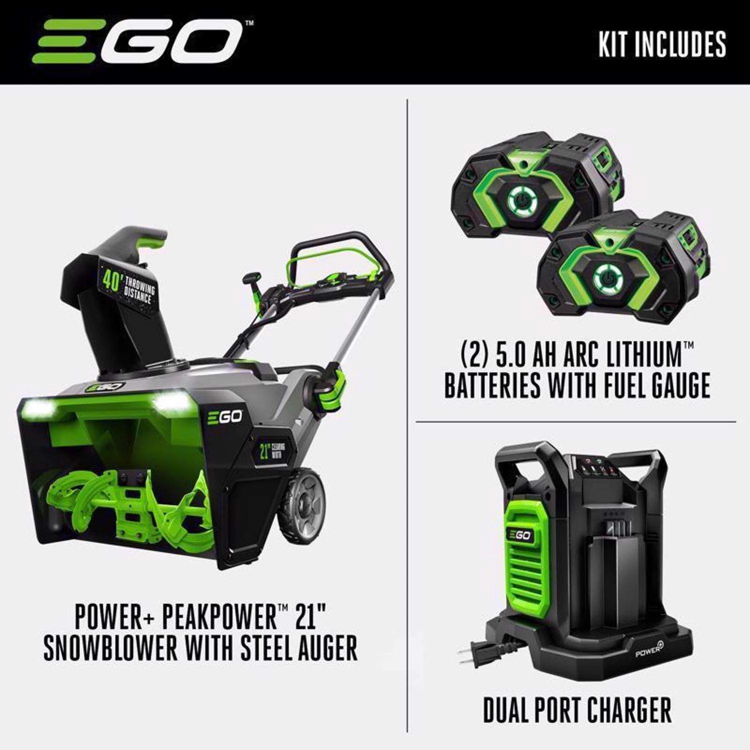 EGO Power+ Peak Power SNT2112 21 In. Single Stage 56 V Battery Snow Blower Kit (Battery & Charger) W/ STEEL AUGER & TWO 5.0 AH BATTERIES 2 EGO Power+ Peak Power SNT2112 21 In. Single Stage 56 V Battery Snow Blower Kit (Battery & Charger) W/ STEEL AUGER & TWO 5.0 AH BATTERIES - Image 2