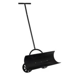 Black Heavy Duty Snow Shovel Rolling Pusher Remover With Wheels And Wide Blades