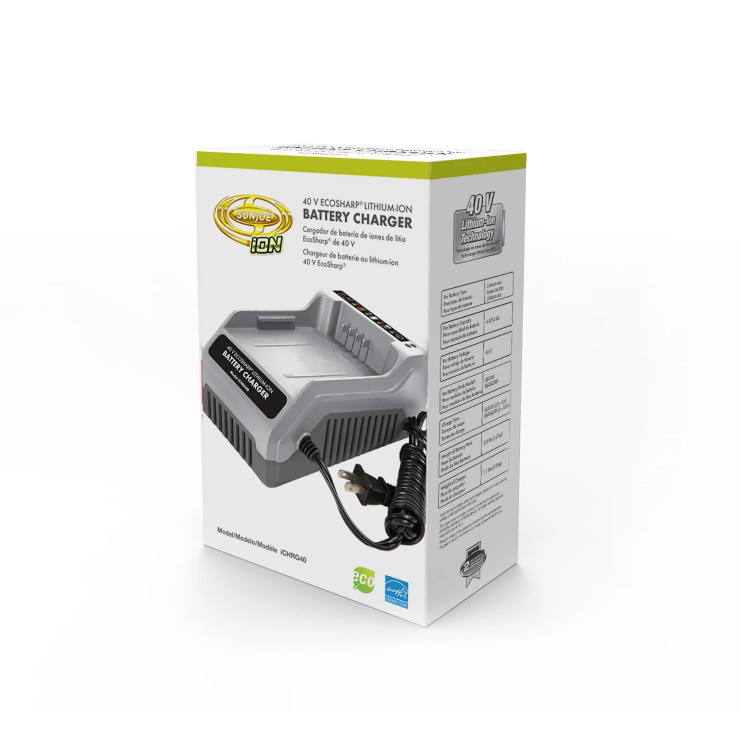 Snow Joe + Sun Joe ICHRG40-RM EcoSharp® Lithium-Ion Battery Charger | 40 Volt (Certified Refurbished) 2 Snow Joe + Sun Joe ICHRG40-RM EcoSharp® Lithium-Ion Battery Charger | 40 Volt (Certified Refurbished) - Image 2